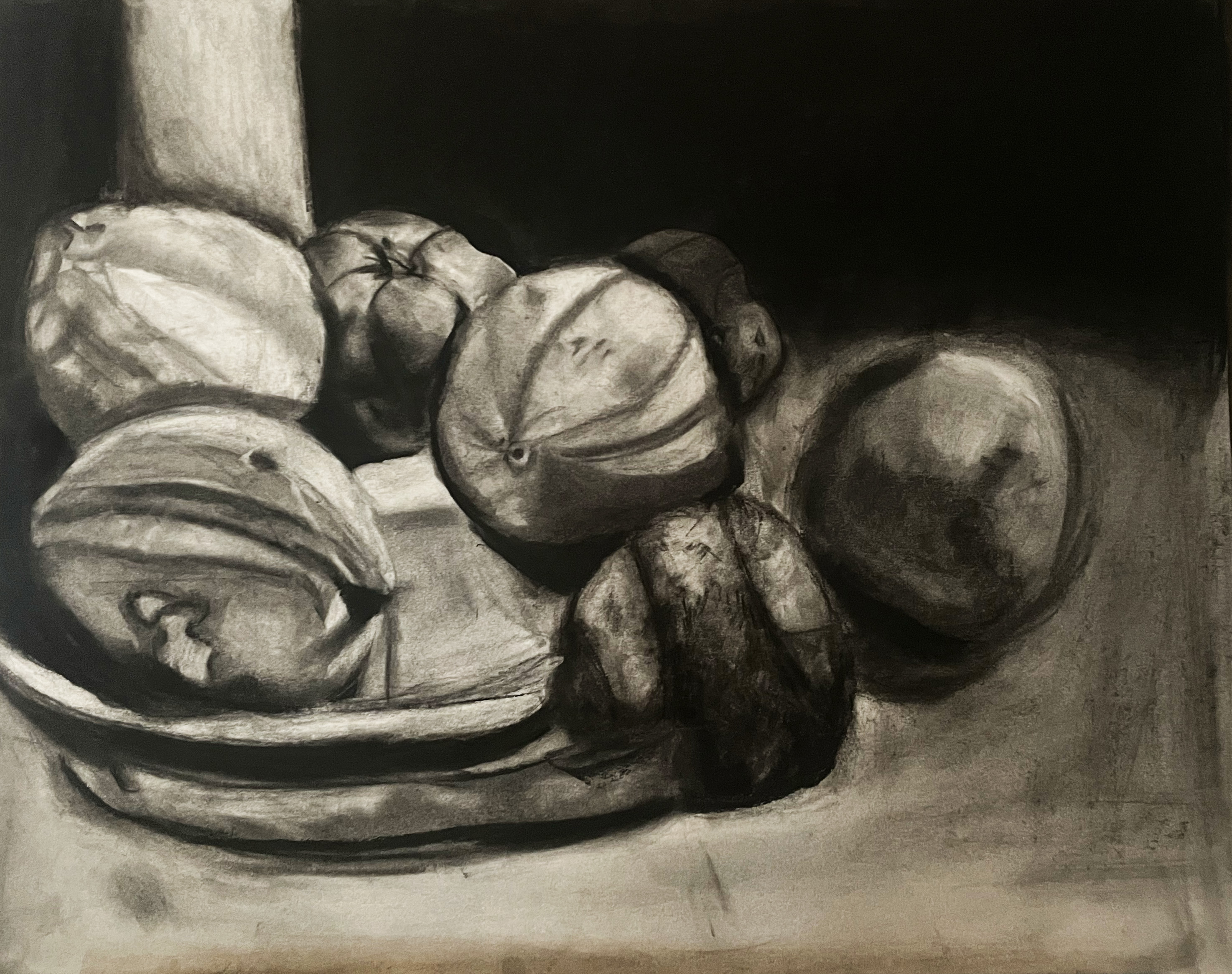 Charcoal drawing with layered shadows and form