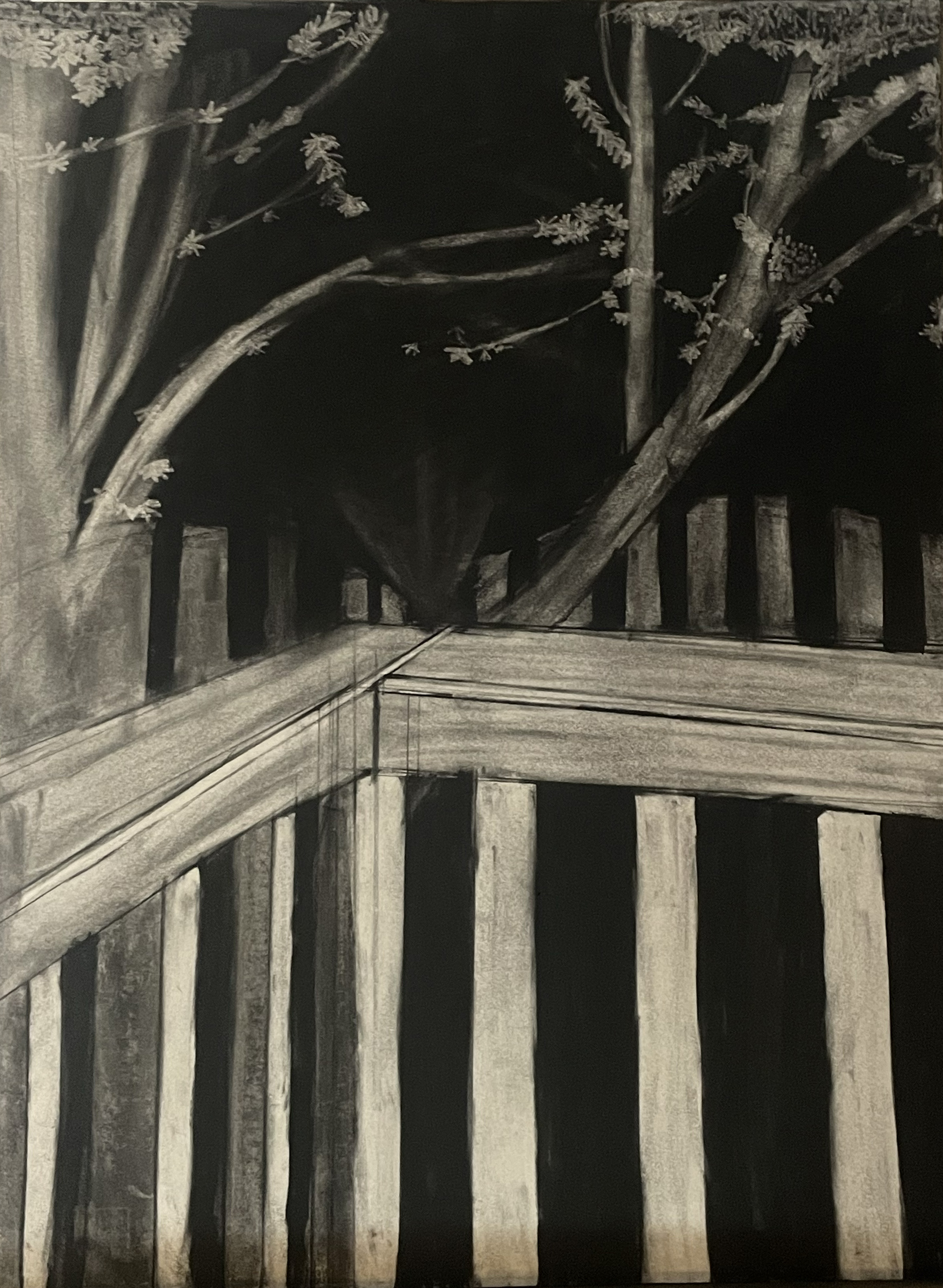 charcoal drawing with nighttime atmosphere and strong contrasts
