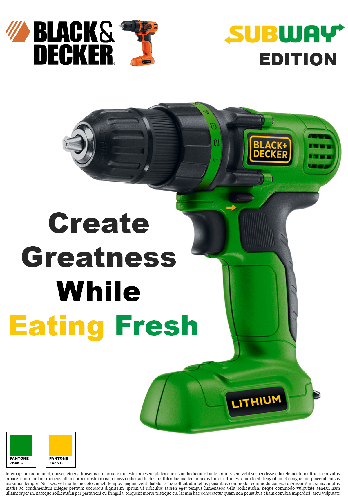 Photoshop: Fake Collaboration Black and Decker power drill recolored with brand color palette