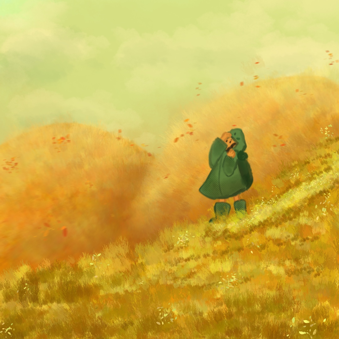 Figure in a sunlit meadow with warm golden tones and cool green contrast