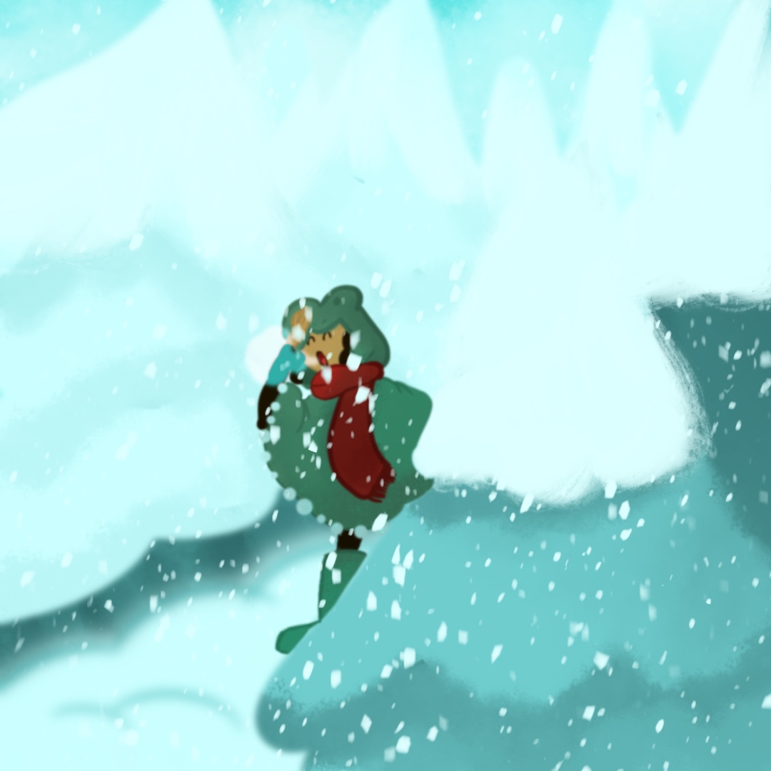 Procreate: Winter Island digital illustration with character in snowy landscape