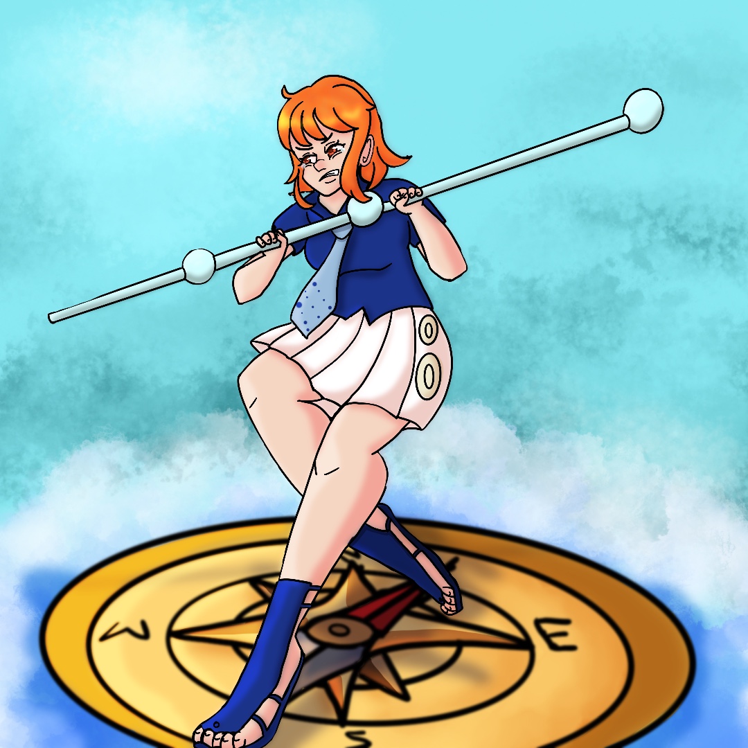 character standing atop a compass