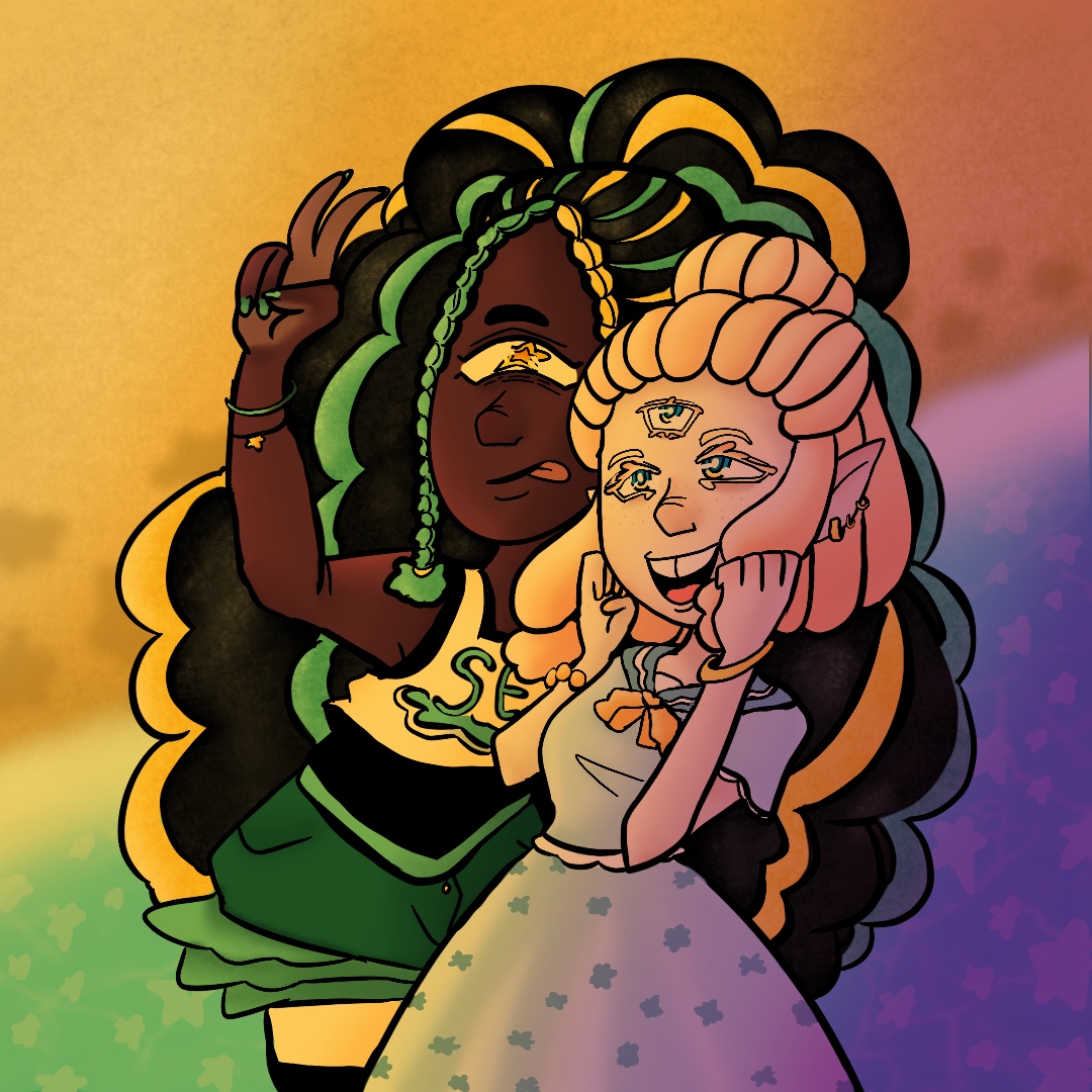 Procreate illustration of two characters at seaside with dreamy atmosphere